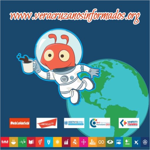 "Logotipo de Veracruzanos Informados con Digi The Ant, una hormiguita astronauta que lleva un girasol en el casco. Incluye los símbolos de Artículo 19, Objetivos de Desarrollo Sostenible (ODS) y el lema 'Manifiesto Ciudadano'.
